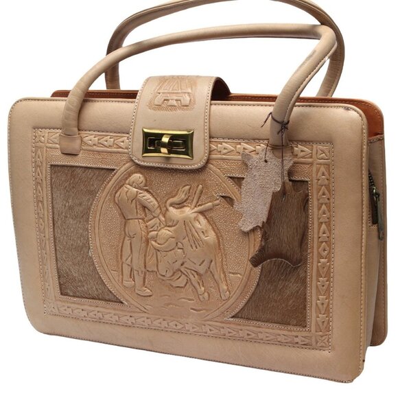 Vintage Mexican Tan Tooled Leather Handbag Purse Mayan Art Bull Retro Top Handle - Picture 2 of 16
